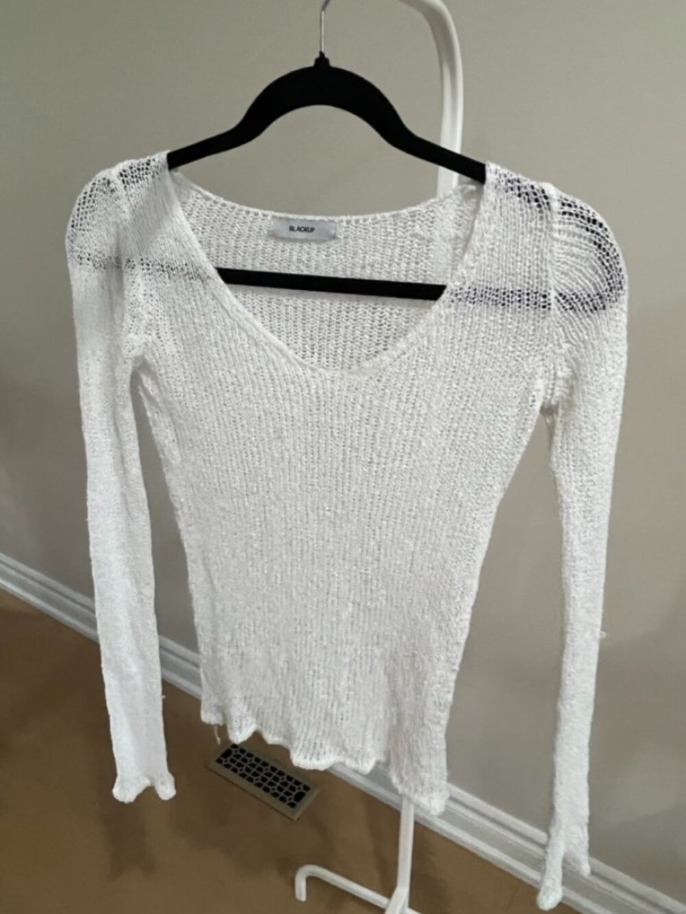 BLACKUP Korean Streetwear White Open Knit V-Neck Sheer Layering Top